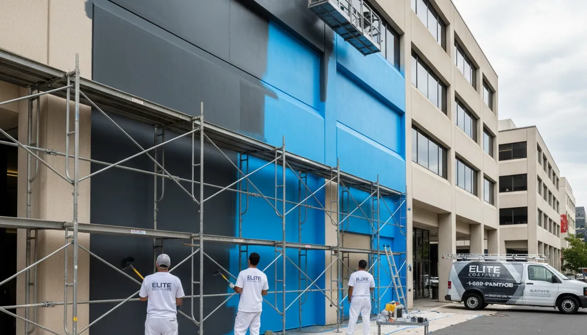 Professional commercial painters in Lexington, MA finishing office exterior with durable paint