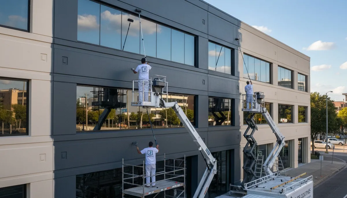 Professional commercial painters working on an office building exterior in Lexington, MA