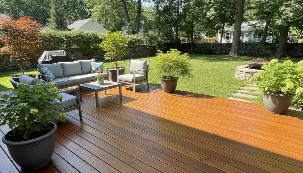 Finished deck staining in Lexington MA highlighting rich wood color and weatherproof professional finish