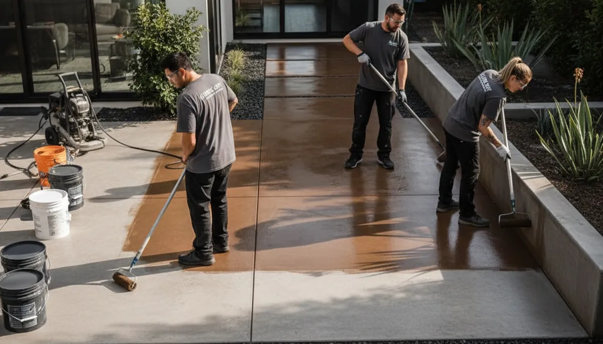 Professional concrete staining on driveway in Lexington, MA by local house-painting experts