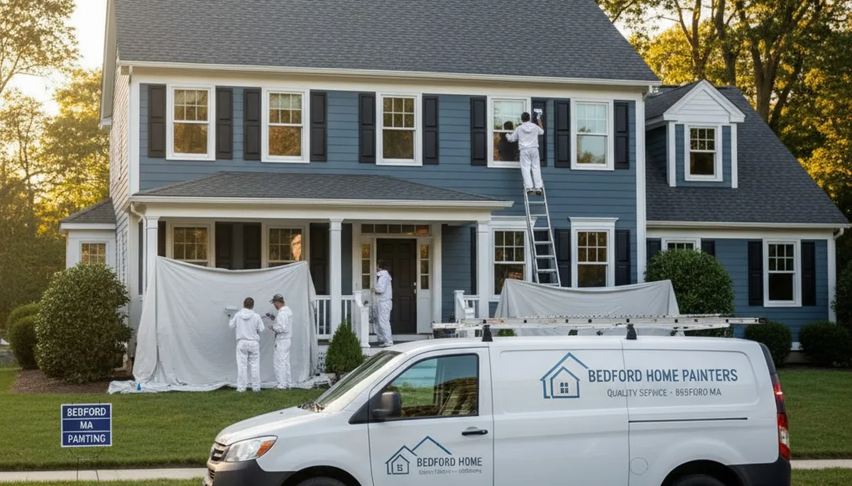 Professional house painters working on exterior home in Lexington MA