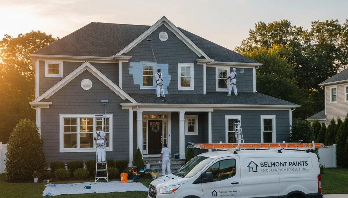 Professional house painters finishing exterior home project in Lexington, MA