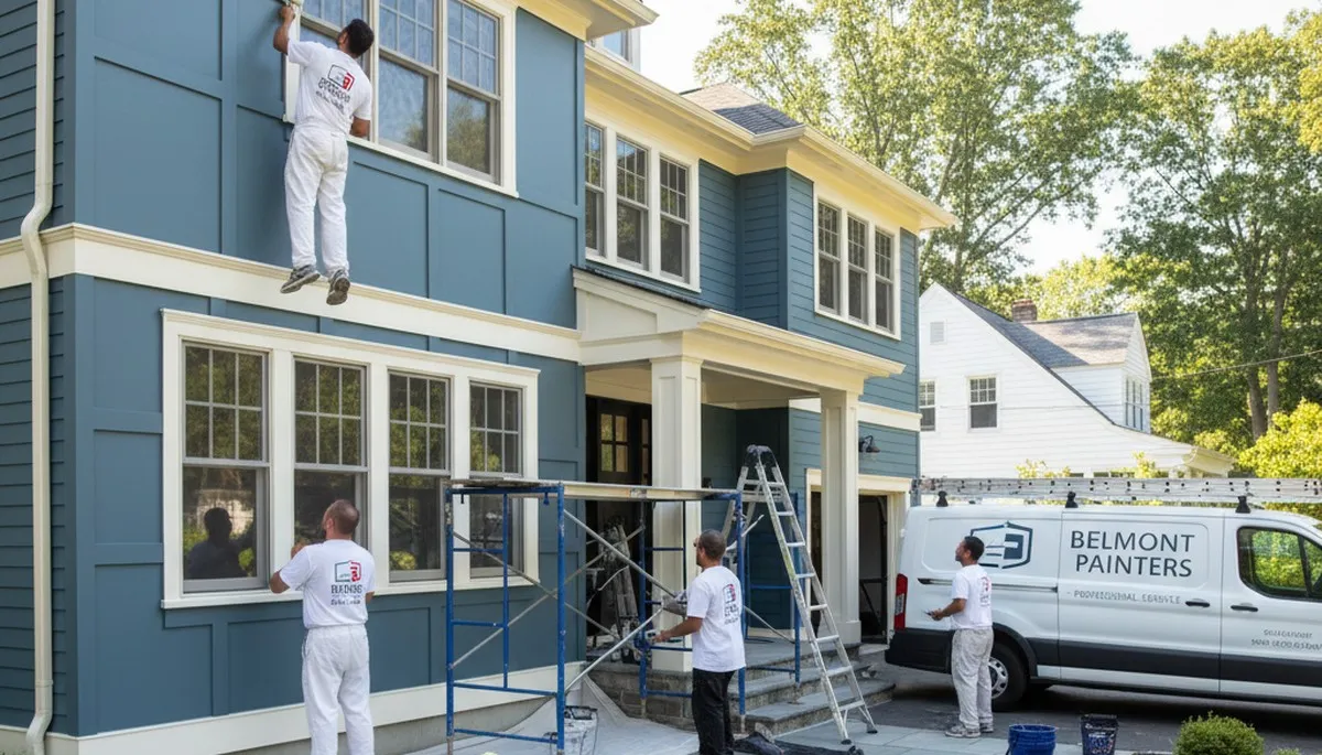 Professional house painters working on exterior home repaint in Lexington, MA