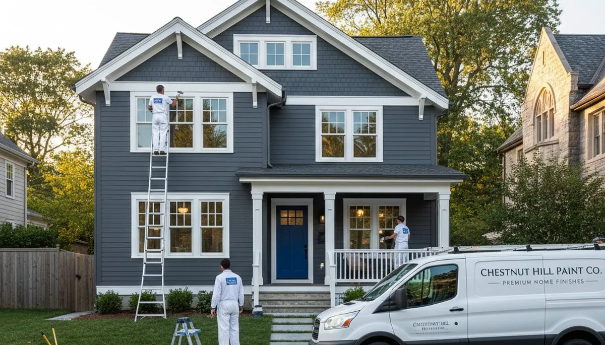 Professional house painters working on exterior home in Lexington, MA
