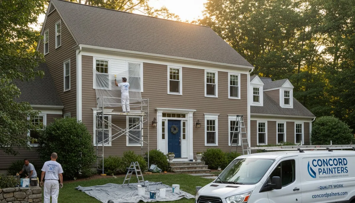 Professional house painters finishing exterior home in Lexington MA