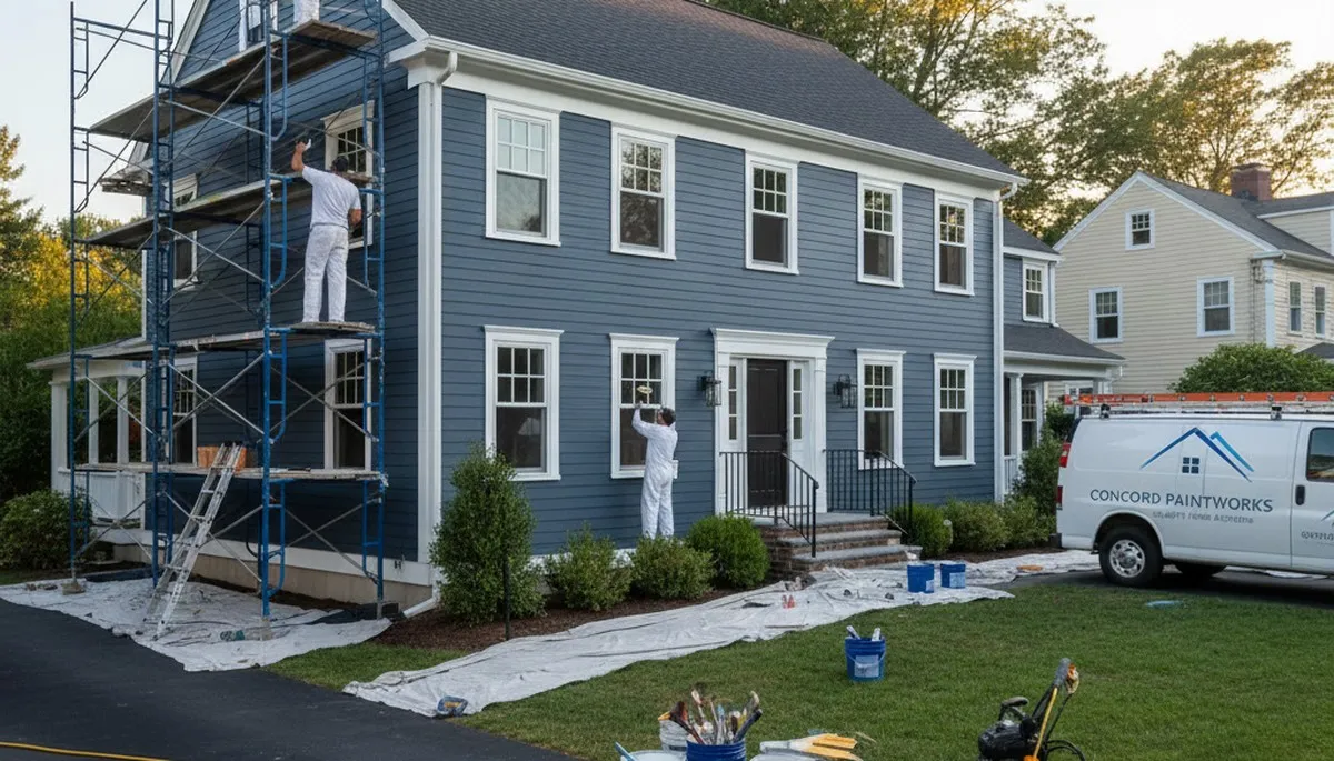 Professional house painters in Lexington MA applying exterior paint to a residential home façade