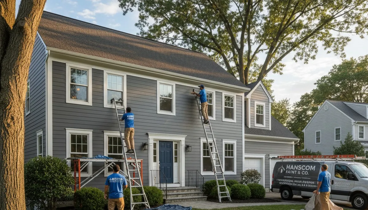 Professional house painters working on residential exterior in Lexington, MA