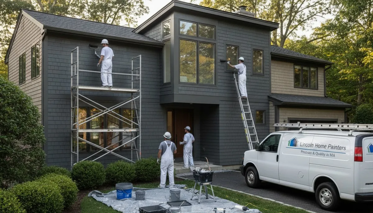 Professional house painters working on residential exterior in Lexington, MA