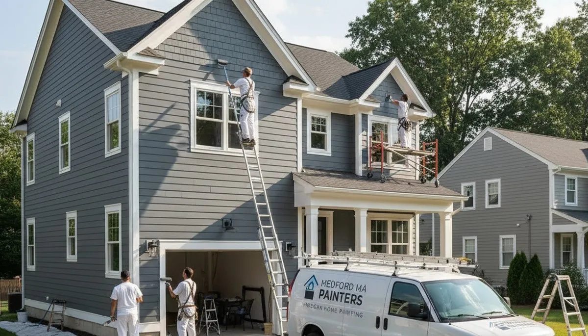 Professional house painters working on exterior home painting in Lexington, MA