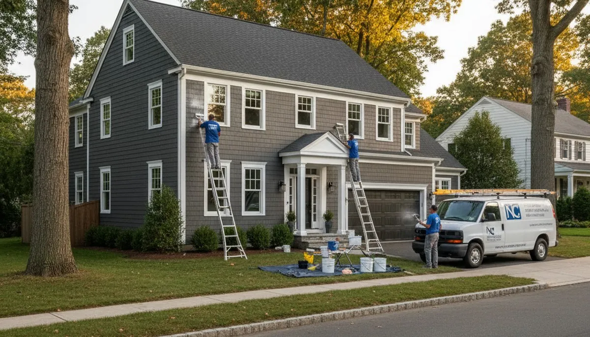 Professional house painters working on residential exterior in Lexington, MA
