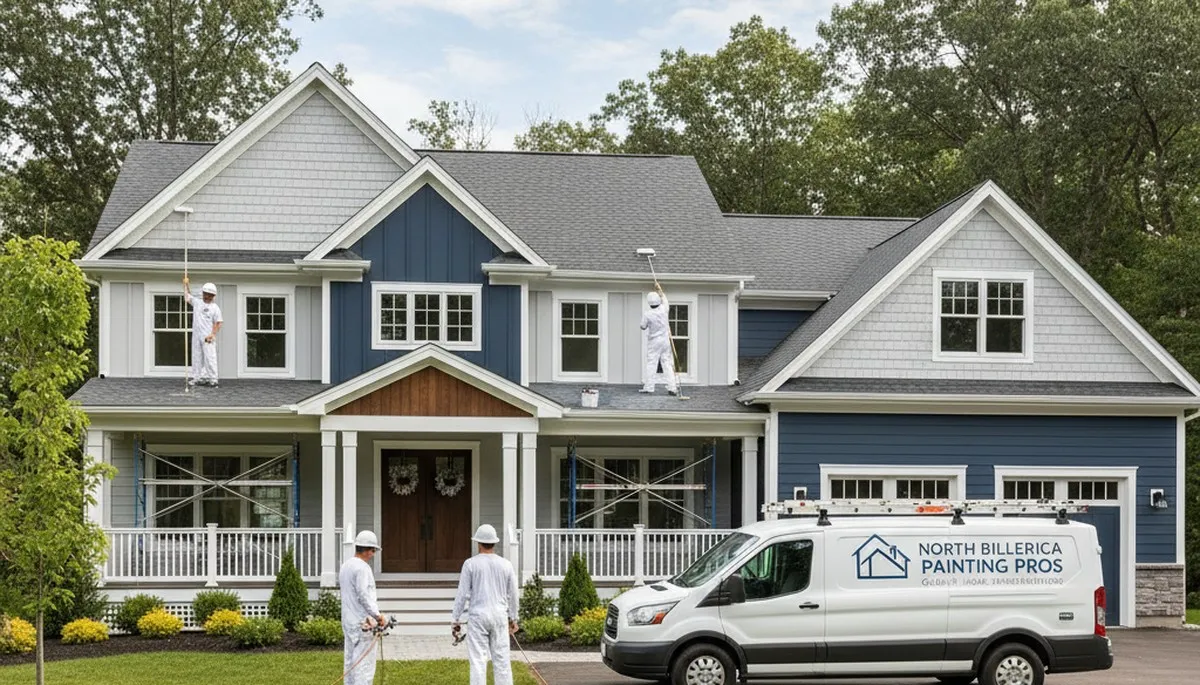 Professional house painters working on exterior home in Lexington, MA