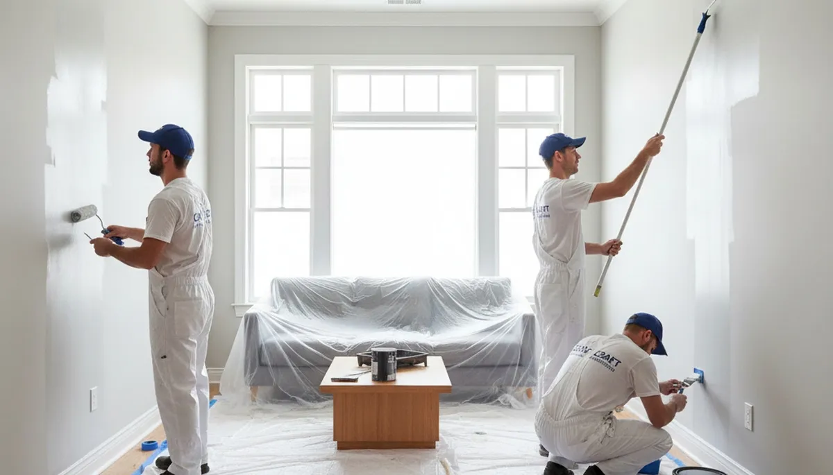 Professional interior house painters transforming a Lexington MA living room with expert wall painting