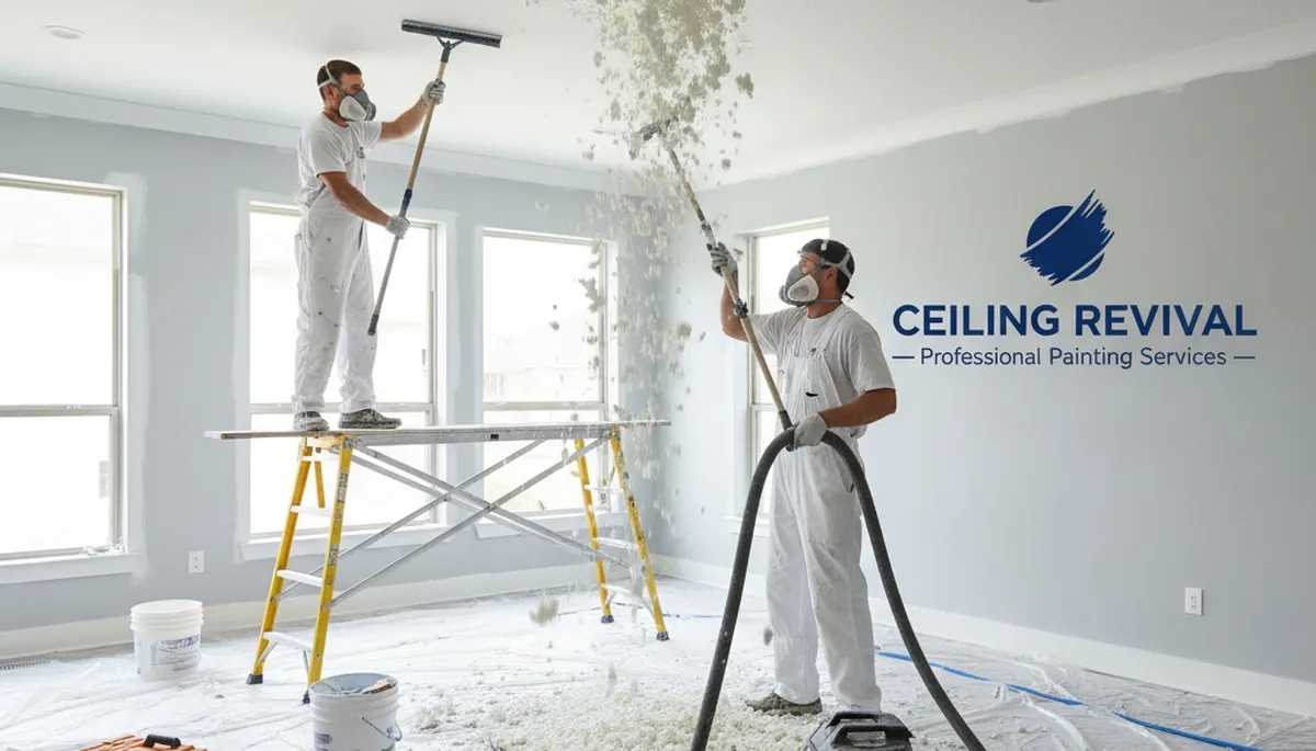 Professional popcorn ceiling removal in Lexington MA home with smooth ceiling refinishing results