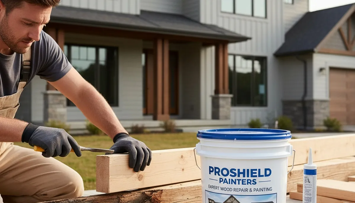 Professional wood rot repair and exterior painting on a Lexington MA home trim and siding restoration